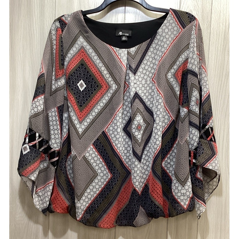 AB STUDIO Women's (Size 2X) Kimono Sleeve Round Neck Lined Geometric Pattern Top